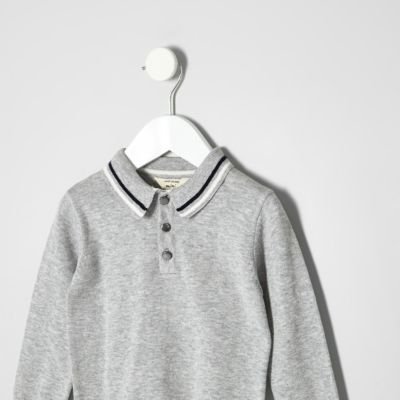 Mini boys grey knit long sleeve polo shirt